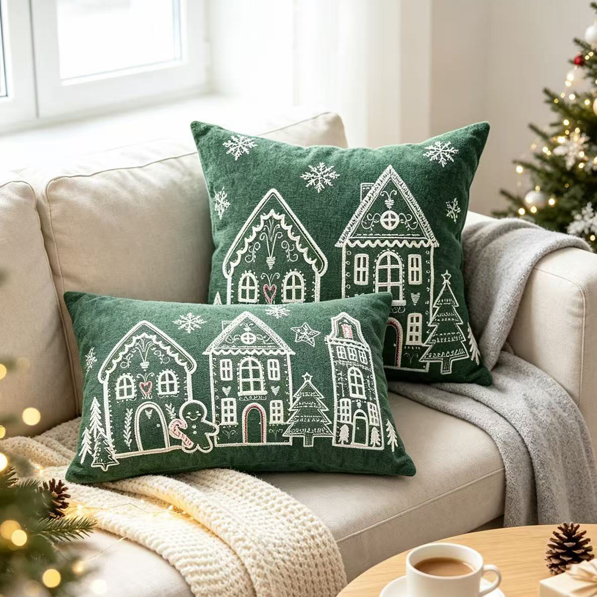 Embroidery Xmas Decorations - Christmas Chenille Cushion Cover Gingerbread House