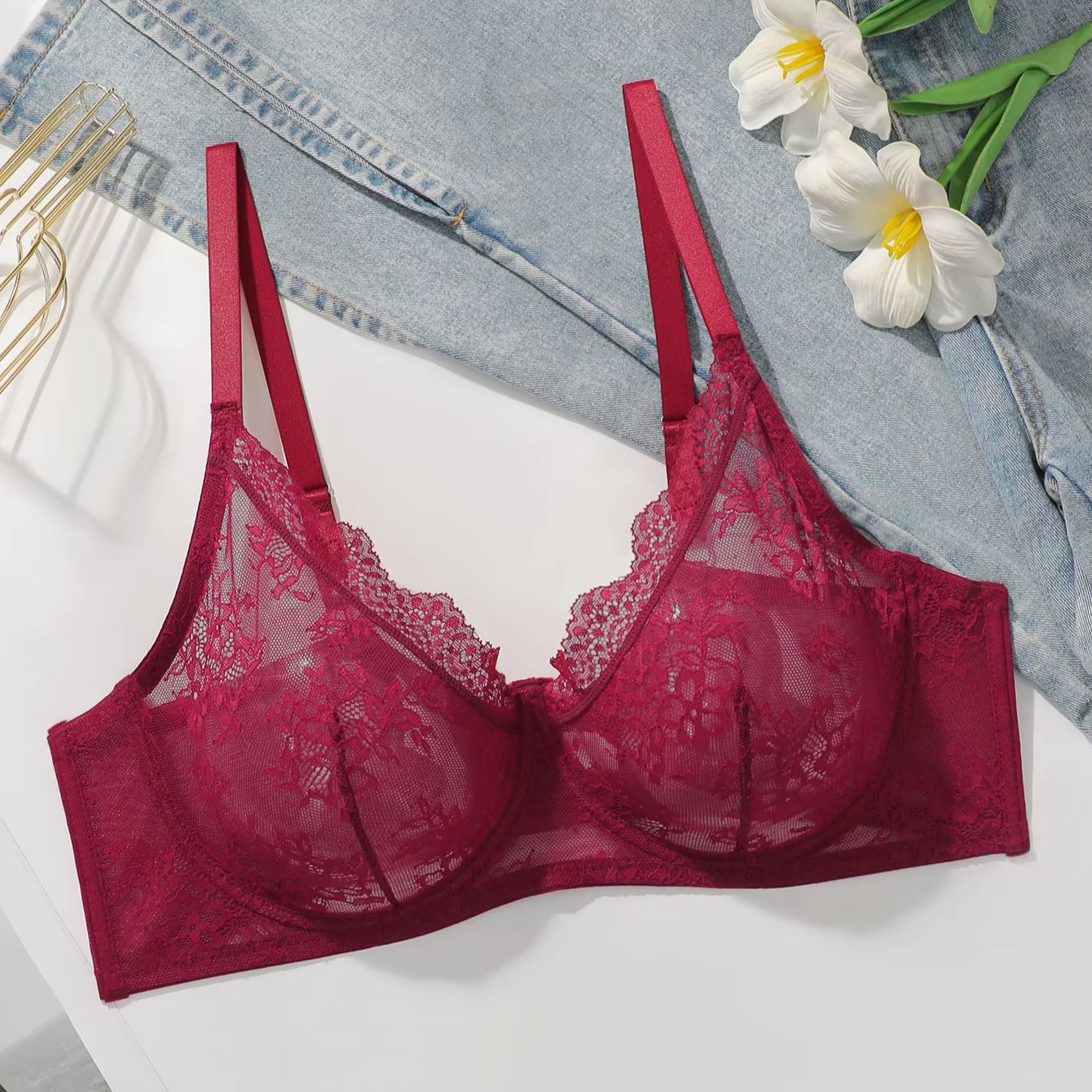 Women Plus Size Red Lace Sheer - Embroidery Red recension och pris
