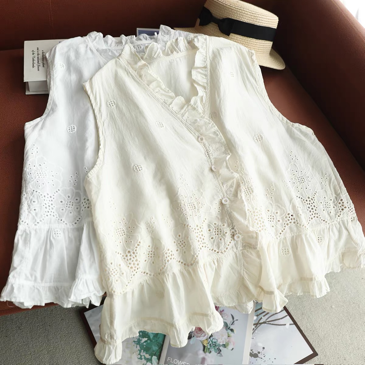 Women Sleeveless Vest Top Ruff - Embroidery Eyelet recension och pris