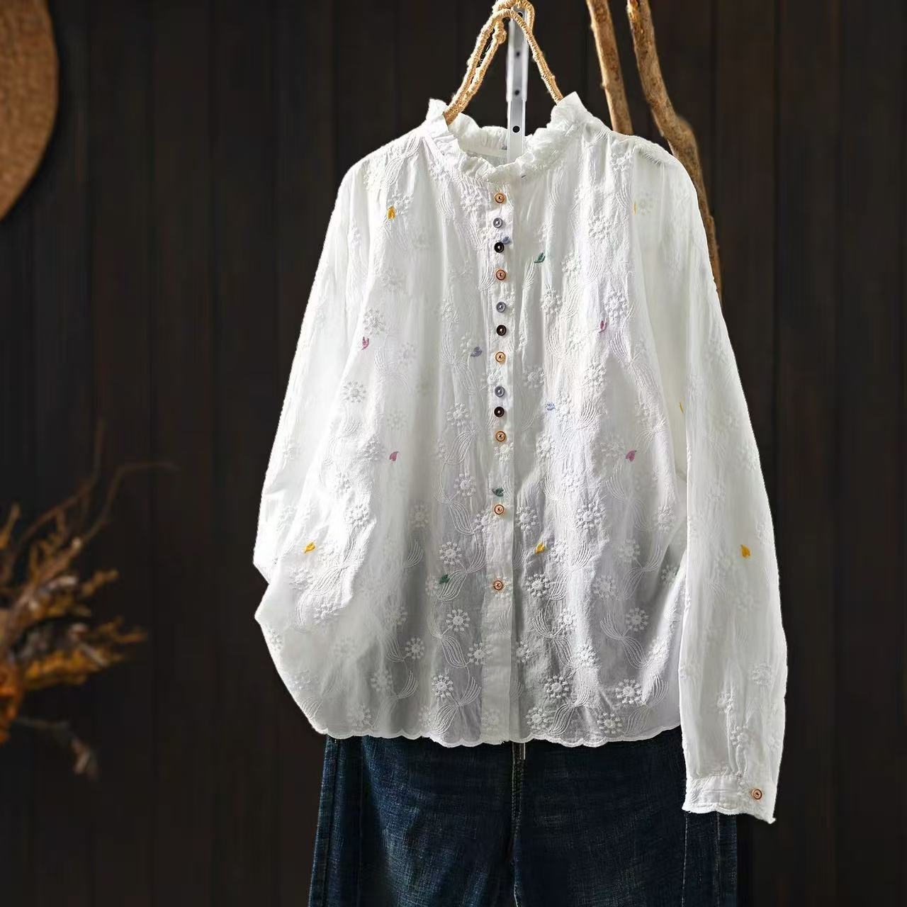 Women Ruffled Stand Collar Blo - Embroidery Eyelet recension och pris