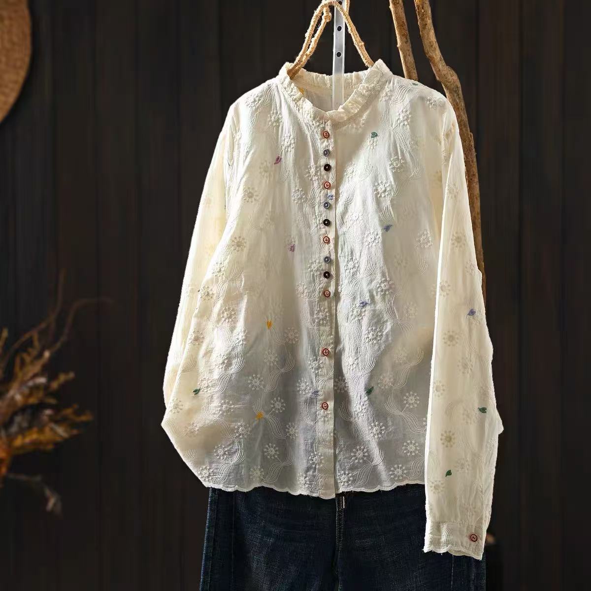 Women Ruffled Stand Collar Blo - Embroidery Eyelet recension och pris