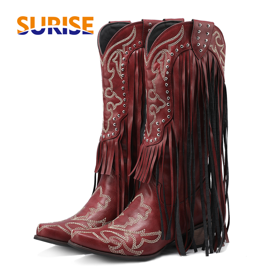 Western Cowboy Mid-calf Boots  - Embroidery Red recension och pris