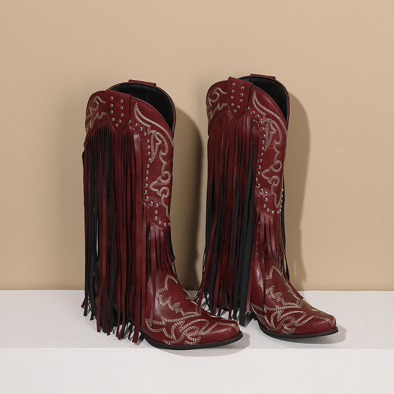Western Cowboy Mid-calf Boots  - Embroidery Red recension och pris