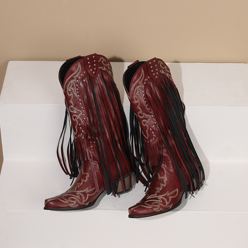 Western Cowboy Mid-calf Boots  - Embroidery Red recension och pris